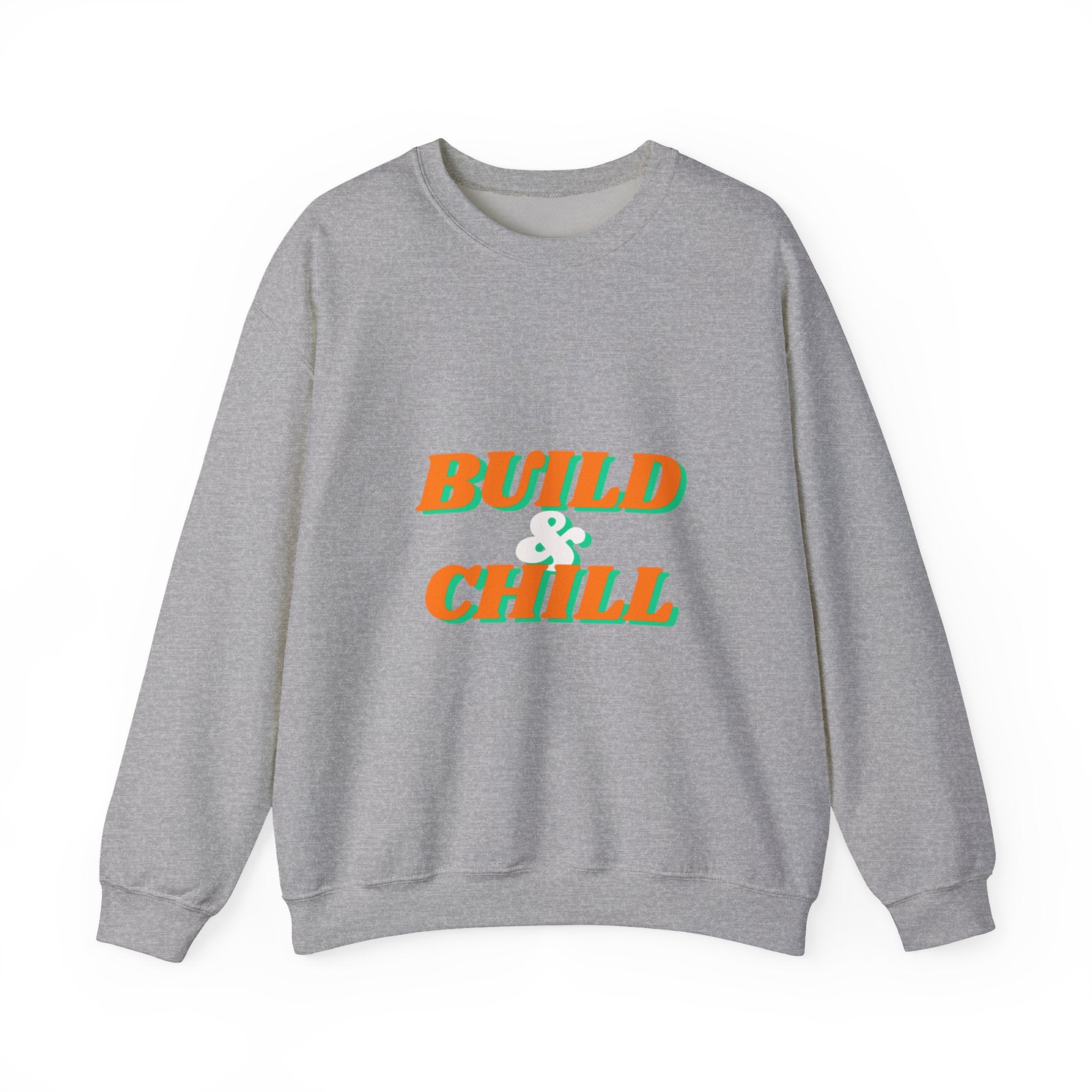 Build & Chill Crewneck Sweatshirt — Retro Orange & Teal Graphic
